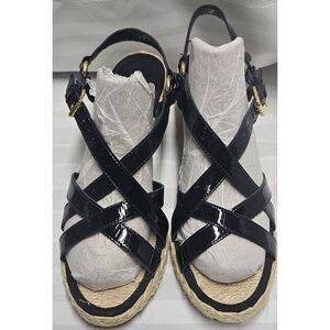 Ralph Lauren Chrissy Patent Leather Espadrille Wedge‎ Sandal Black Women Sz 8B